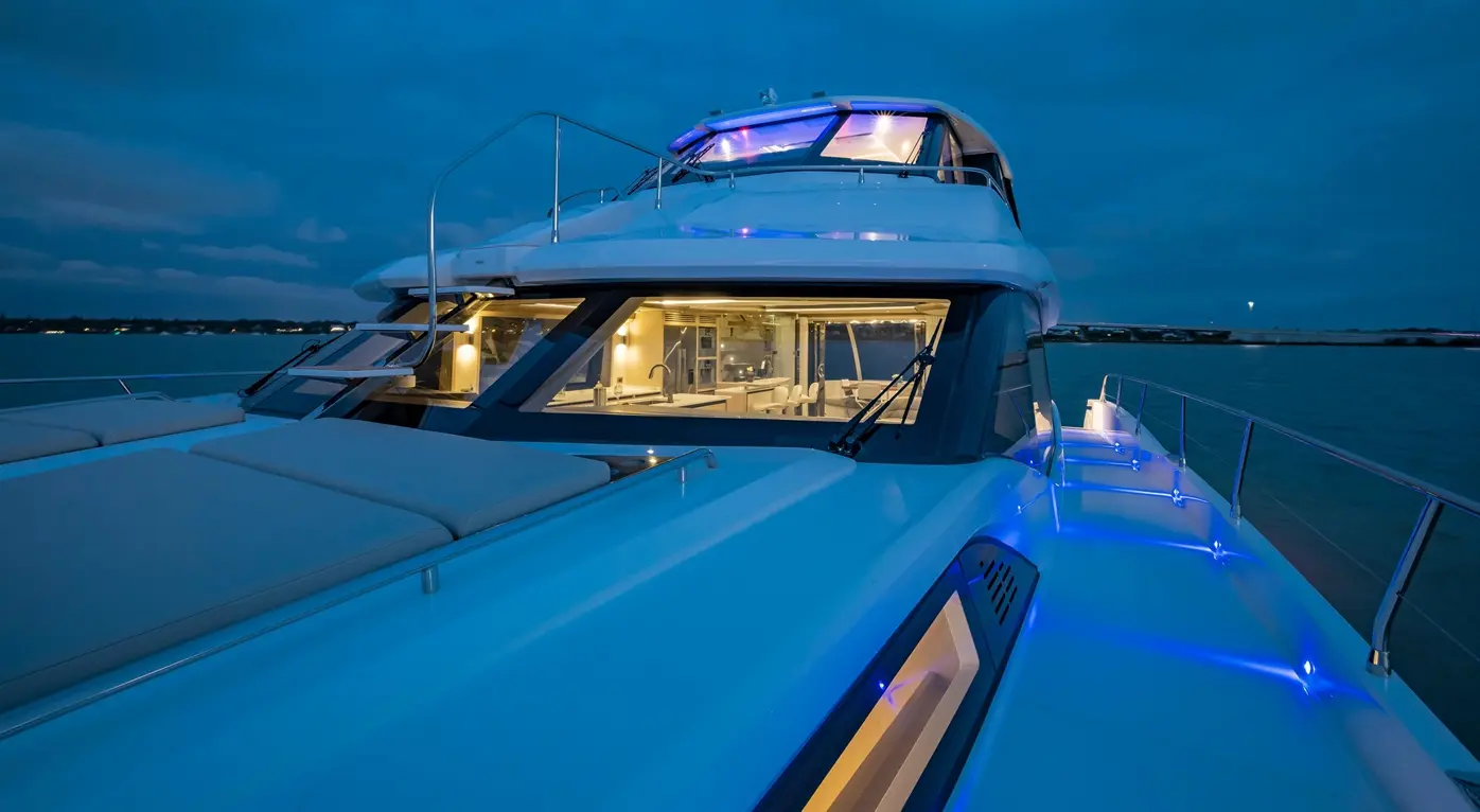 A luxury yacht's deck illuminated at dusk, showcasing modern design, spacious seating, and a scenic waterfront view.